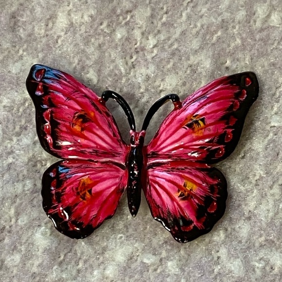 Enamel Butterfly Brooch, Pink and Black - Picture 1 of 7